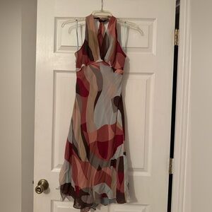 BCBGMaxAzria Backless Dress in Red, Pink, and Cream